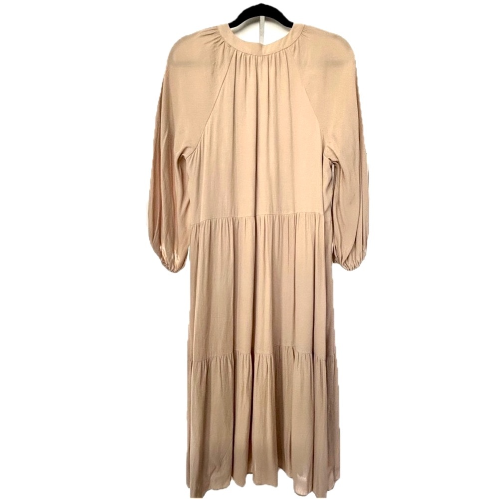 Gibson & Latimer | Peasant Split V-Neck Blouson Sleeve Tiered Hem Dress L Taupe - Picture 3 of 8